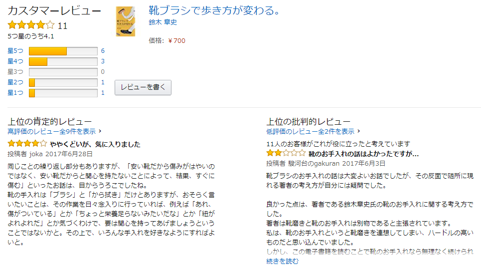 電子書籍「靴ブラシで歩き方が変わる。」商品ページより「レビュー」ページの一部。